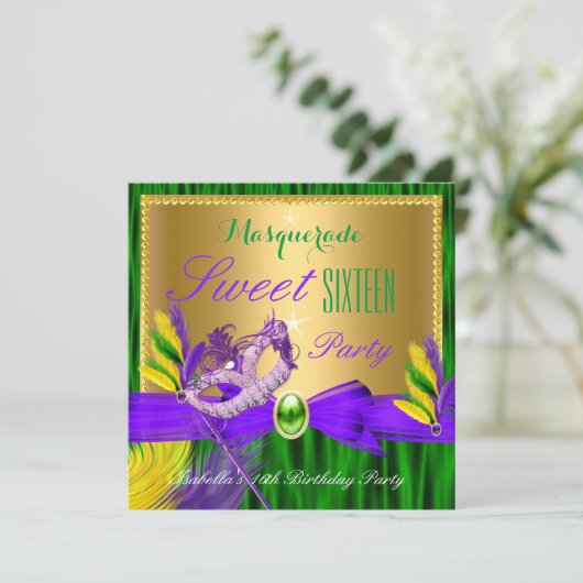 Masquerade Party Sweet 16 Lila Green Gold Einladung (Stehend Vorderseite)