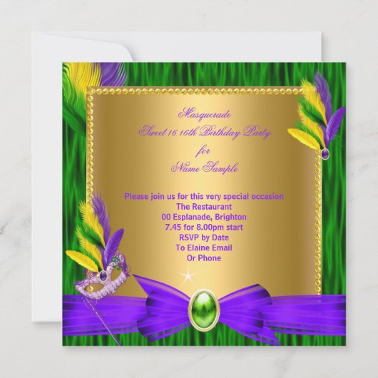 Masquerade Party Sweet 16 Lila Green Gold Einladung (Rückseite)
