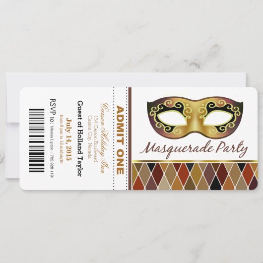 Masquerade Party Ticket einräumen| Bronze Einladung (Vorderseite)