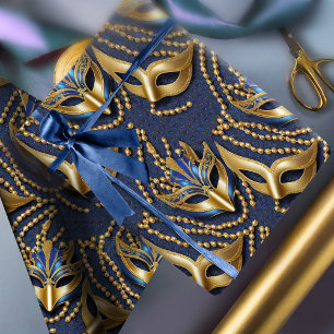 Masquerade Pattern Beads Masken Blue Gold ID1031 Geschenkpapier