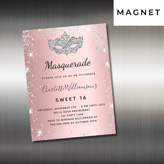 Masquerade pink silber Sweet 16 Einladungs-Magnet Magnetkarte