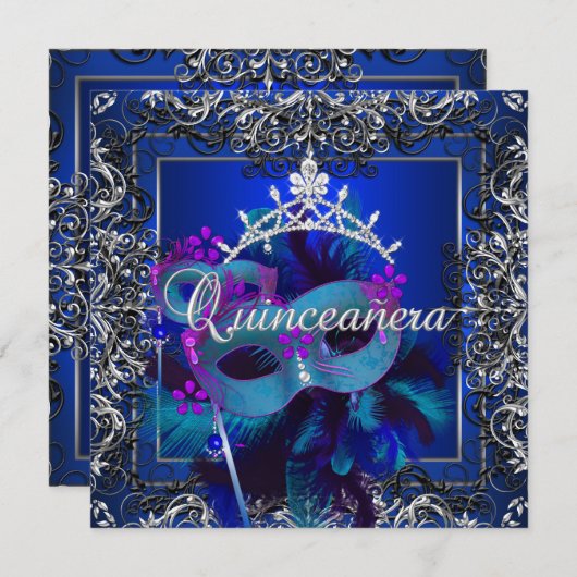 Masquerade Quinceanera 15. Geburtstagsparty Blue Einladung (Vorne/Hinten)