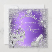 Masquerade Quinceanera 15. Lila Tiara Shoe Einladung (Vorderseite)