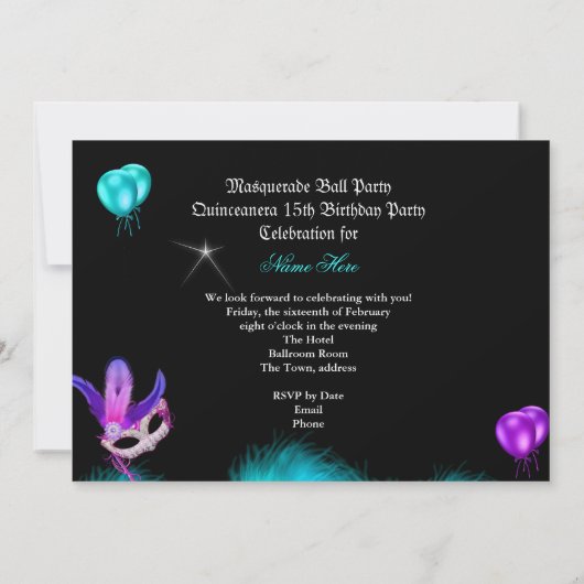 Masquerade Quinceanera 15 Party Aquamarin Lila Einladung (Rückseite)