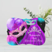 Masquerade Quinceanera 15 Party Aquamarin Lila Ros Einladung (Stehend Vorderseite)