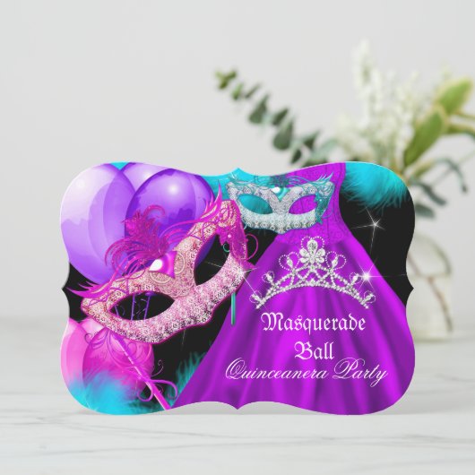 Masquerade Quinceanera 15 Party Aquamarin Lila Ros Einladung (Stehend Vorderseite)