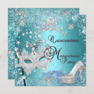 Masquerade Quinceanera 15. Party Blue Tiara Shoe Einladung