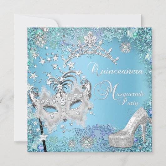 Masquerade Quinceanera 15. Party Blue Tiara Shoe Einladung (Vorderseite)