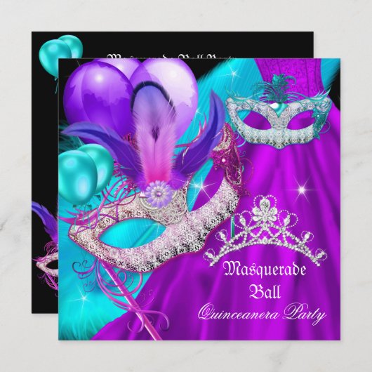 Masquerade Quinceanera 15 Party Masken Aquamarin L Einladung (Vorne/Hinten)