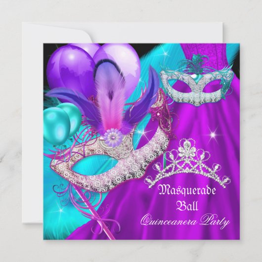 Masquerade Quinceanera 15 Party Masken Aquamarin L Einladung (Vorderseite)
