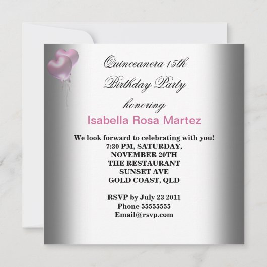 Masquerade Quinceanera 15 Rosa Party Einladung (Rückseite)