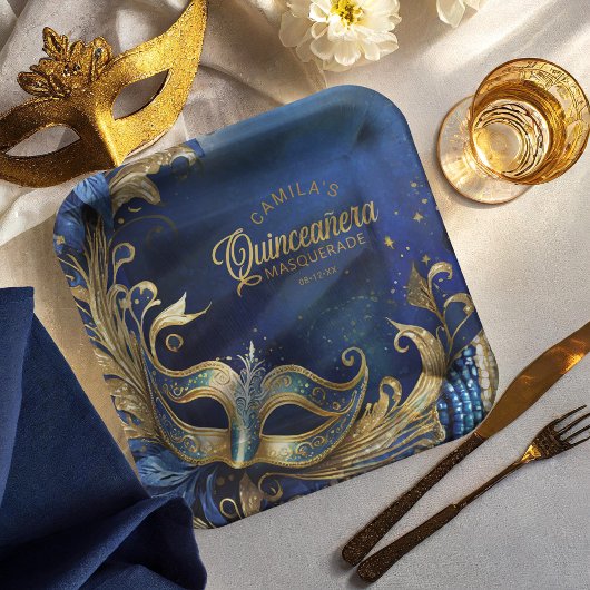 Masquerade Quinceanera Blue Gold ID1031 Pappteller