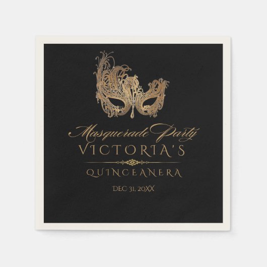 Masquerade Quinceanera Chic Black Gold Serviette (Vorderseite)