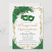 Masquerade Quinceañera Emerald Green Floral Gold Einladung (Vorderseite)