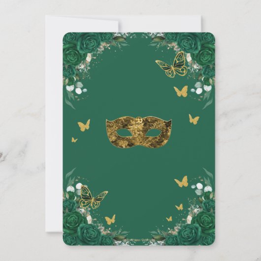 Masquerade Quinceañera Emerald Green Floral Gold Einladung (Rückseite)