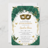 Masquerade Quinceañera Emerald Green Floral Gold Einladung (Vorderseite)