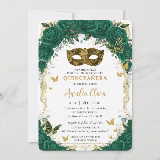 Masquerade Quinceañera Emerald Green Floral Gold Einladung (Vorderseite)