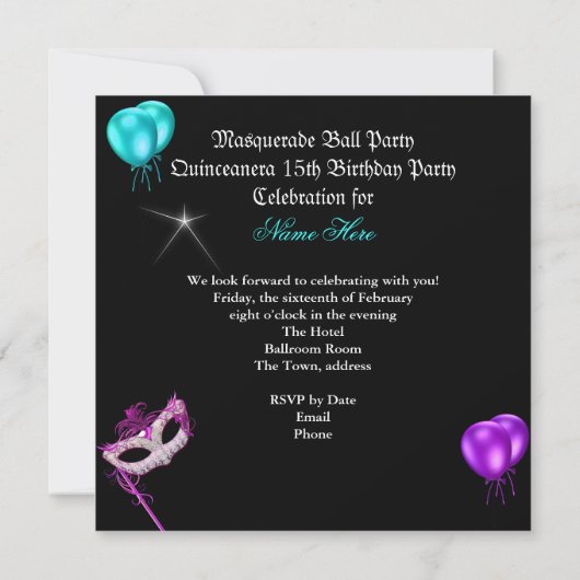 Masquerade Quinceanera Geburtstag Aquamarin Lila Einladung (Rückseite)