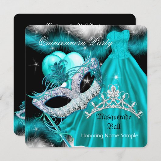 Masquerade Quinceanera Geburtstagspartei Aquamarin Einladung (Vorne/Hinten)