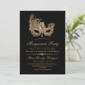 Masquerade Quinceanera Gold & Black Einladung (Stehend Vorderseite)