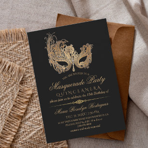 Masquerade Quinceanera Gold & Black Einladung