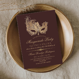 Masquerade Quinceanera Gold & Burgund Einladung