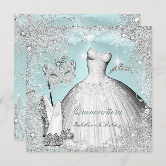 Masquerade Quinceanera Minze Blue Silver Schneeflo Einladung (Vorne/Hinten)