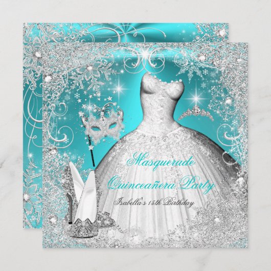 Masquerade Quinceanera Party Aquamarin Weiße Schne Einladung (Vorne/Hinten)