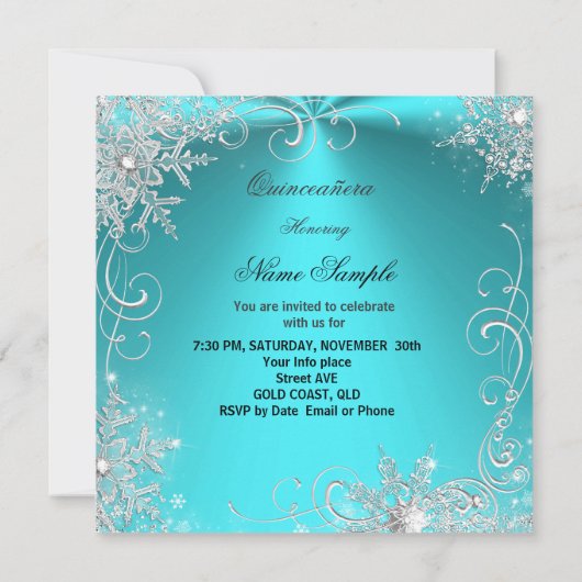 Masquerade Quinceanera Party Aquamarin Weiße Schne Einladung (Rückseite)