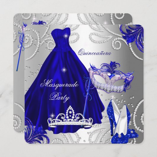 Masquerade Quinceanera Party Blue Silver Dress Einladung (Vorne/Hinten)