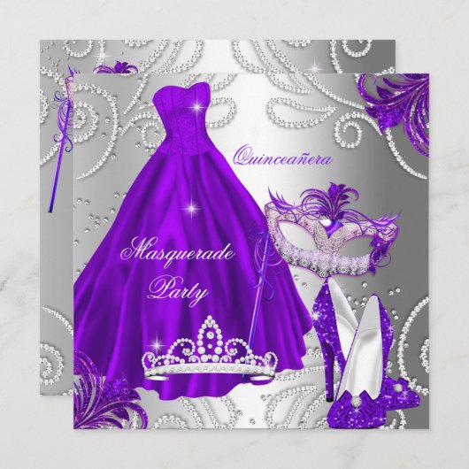 Masquerade Quinceanera Party Lila Silberkleid Einladung (Vorne/Hinten)