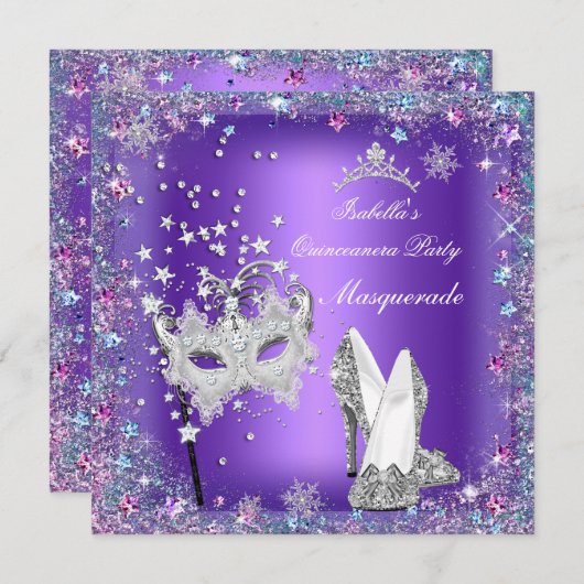 Masquerade Quinceanera Party Maske Lila Tiara Einladung (Vorne/Hinten)