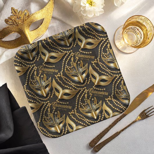 Masquerade Quinceanera Perlen Masken Schwarze ID10 Pappteller