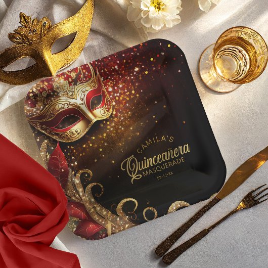 Masquerade Quinceanera Red Gold ID1031 Pappteller