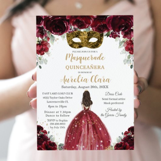 Masquerade Quinceañera Rich Burgundy Red Floral Einladung