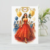 Masquerade Quinceañera Ruby Red Gold Ball Gown Einladung (Stehend Vorderseite)