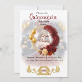 Masquerade Quinceañera Ruby Red Gold Ball Gown Einladung (Rückseite)