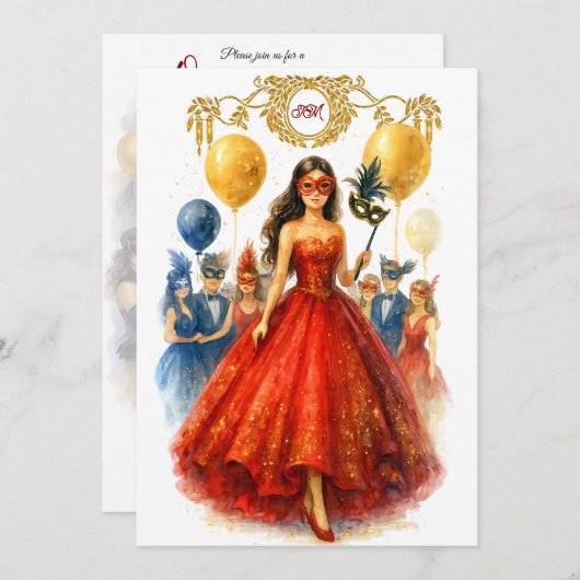 Masquerade Quinceañera Ruby Red Gold Ball Gown Einladung (Vorne/Hinten)