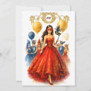 Masquerade Quinceañera Ruby Red Gold Ball Gown Einladung