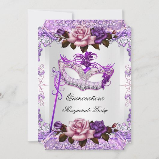 Masquerade Quinceanera Silver Pink Lila Rose Einladung (Vorderseite)