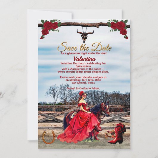 Masquerade Ranch Quinceañera Custom Foto & Name Save The Date (Vorderseite)