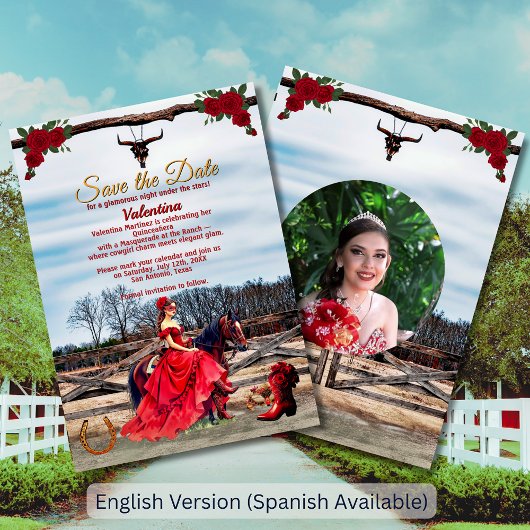 Masquerade Ranch Quinceañera Custom Foto & Name Save The Date