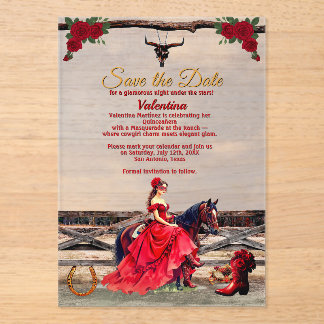Masquerade Ranch Quinceañera Roter Glamour Girl & Acryleinladungen