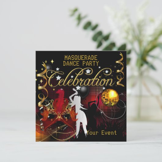 MASQUERADE Red Gold Dance Party Disco Einladung (Stehend Vorderseite)