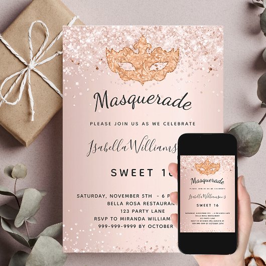 Masquerade Rose Gold Glitzer Staub Sweet 16 Einladung