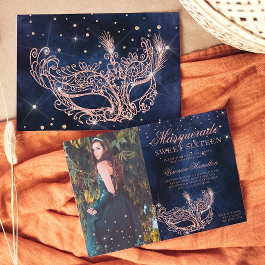 Masquerade Rose Gold Glitzer Sweet 16 Foto Einladung