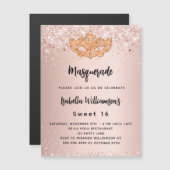 Masquerade Rose Gold Glitzer Sweet 16 Luxus Magneteinladung (Vorne/Hinten)