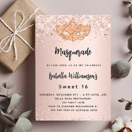 Masquerade Rose Gold Glitzer Sweet 16 Party Einladungspostkarte