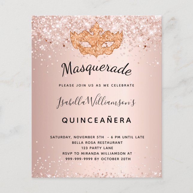 Masquerade Rose Gold Quinceanera Einladung (Vorderseite)