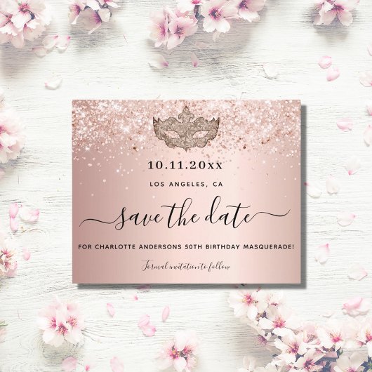 Masquerade Rose Gold Save the Date Karte